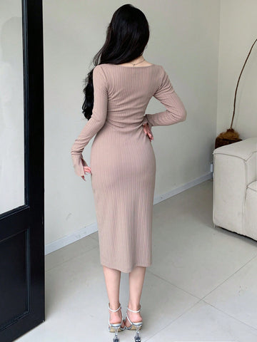 Dazy Designer Women's Solid Color Slim Fit Ribbed Knit Dress
