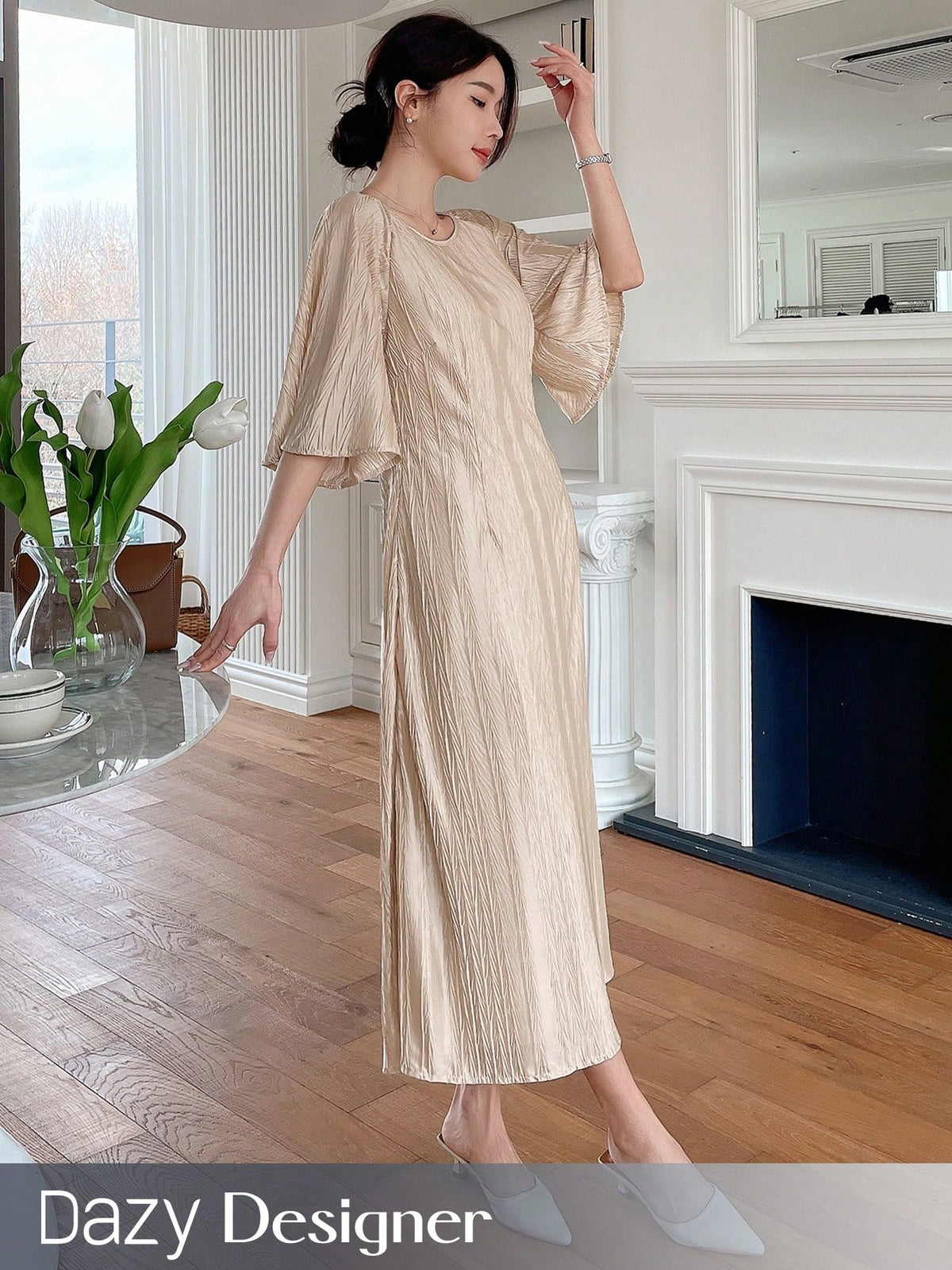 Dazy Designer Women's Solid Color Textured Round Neck Design Dress With Aesthetic Feeling