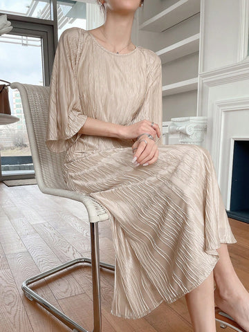 Dazy Designer Women's Solid Color Textured Round Neck Design Dress With Aesthetic Feeling