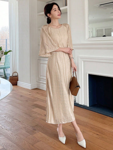 Dazy Designer Women's Solid Color Textured Round Neck Design Dress With Aesthetic Feeling