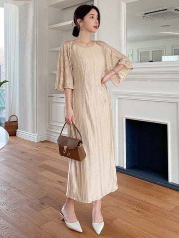 Dazy Designer Women's Solid Color Textured Round Neck Design Dress With Aesthetic Feeling