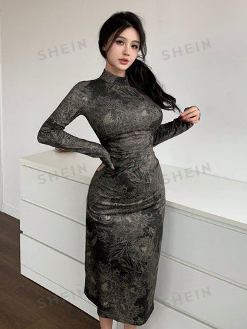 Dazy Designer Women's Stand Collar Long Sleeve Multicolor Floral Print Design Sense Dress