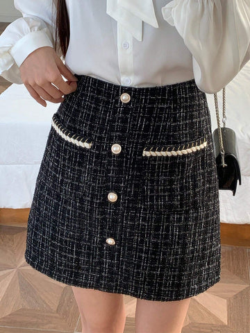 Dazy Star Button Front Tweed Skirt