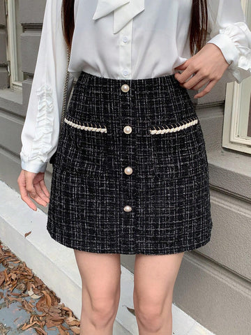 Dazy Star Button Front Tweed Skirt