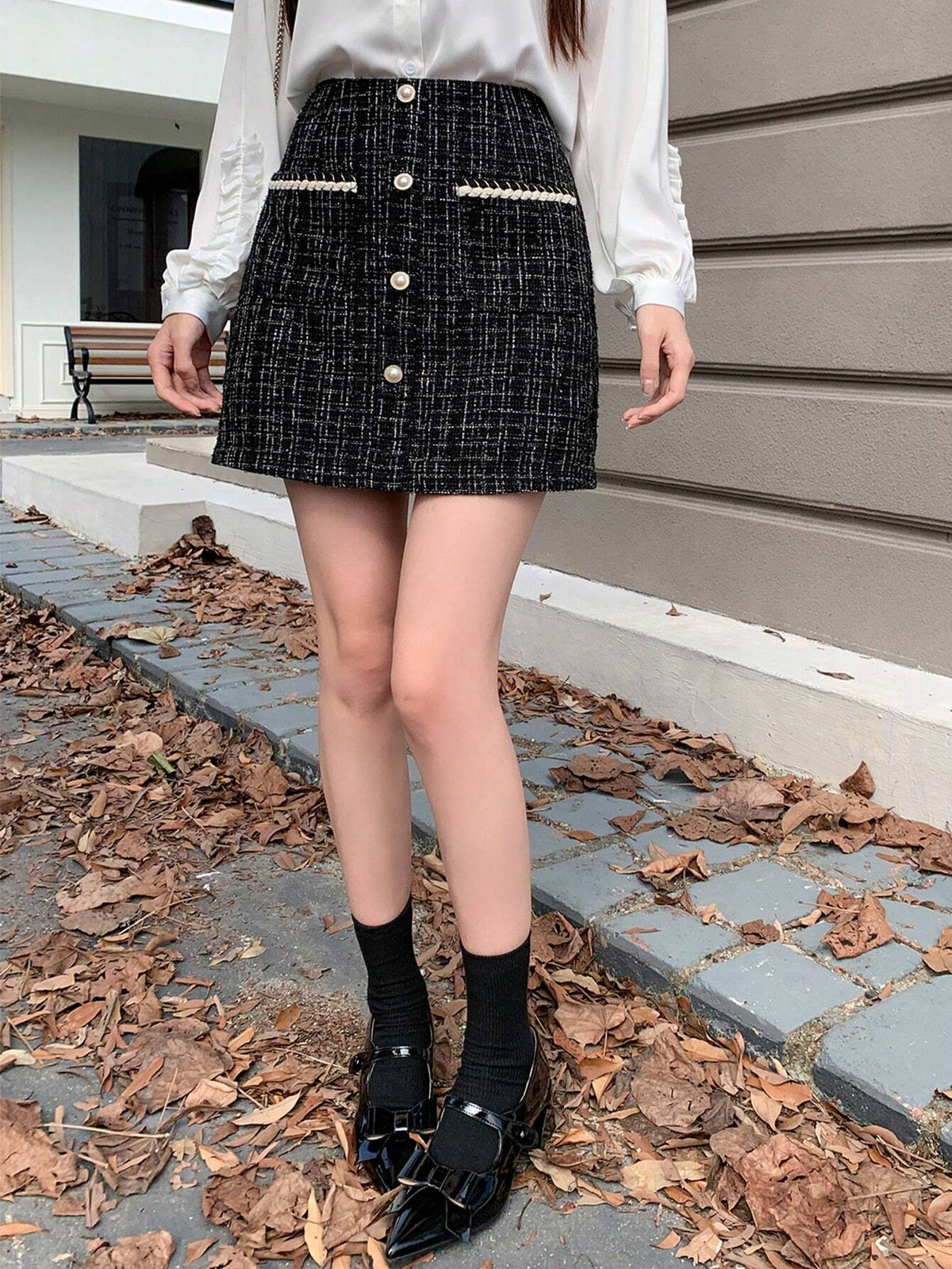 Dazy Star Button Front Tweed Skirt