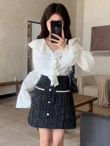 Dazy Star Button Front Tweed Skirt