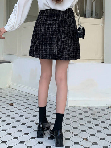 Dazy Star Button Front Tweed Skirt