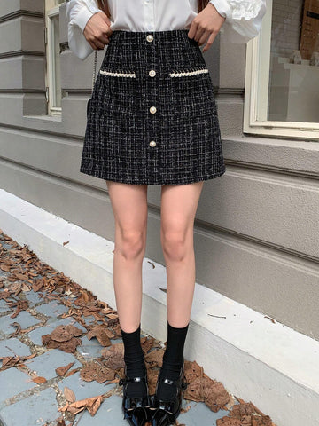 Dazy Star Button Front Tweed Skirt