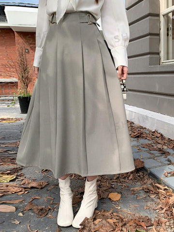 Dazy Star High Waist Buckled Detail Fold Pleated Detail Skirt