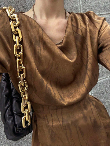 Dazy Star Women's Satin Ruffled Collar Cinched Cinched Waist Dye Long Sleeve Blouse