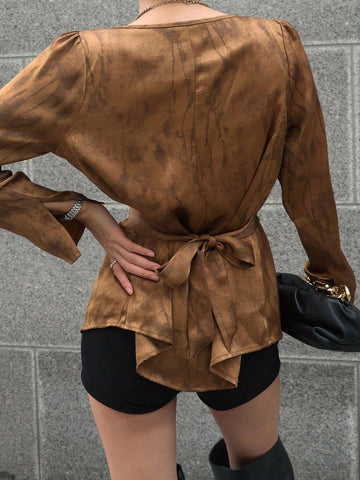 Dazy Star Women's Satin Ruffled Collar Cinched Cinched Waist Dye Long Sleeve Blouse