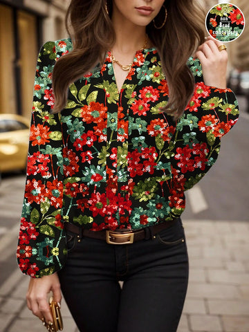 Debiesn Casual Colorful Flower & Sequin Print Blouse For Women, Suitable For Spring/Autumn