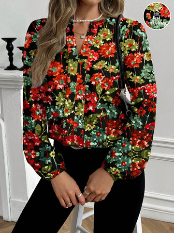 Debiesn Casual Colorful Flower & Sequin Print Blouse For Women, Suitable For Spring/Autumn