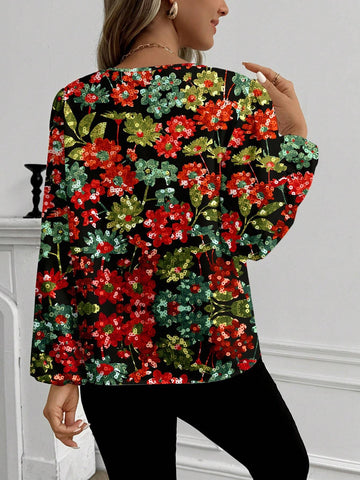 Debiesn Casual Colorful Flower & Sequin Print Blouse For Women, Suitable For Spring/Autumn