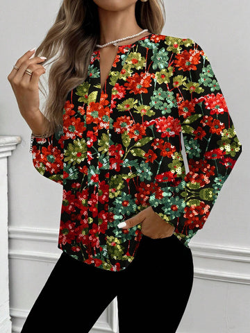 Debiesn Casual Colorful Flower & Sequin Print Blouse For Women, Suitable For Spring/Autumn