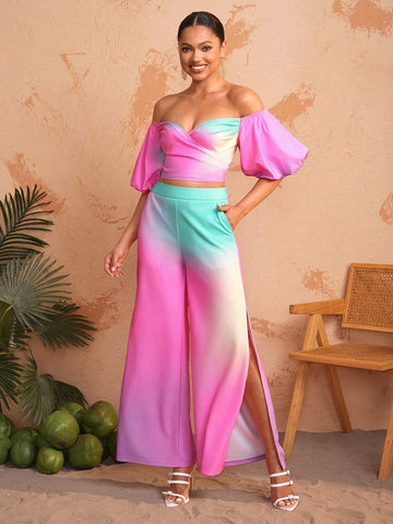 Debra Valencia Fashionable Women Printed Split Wide Leg Pants