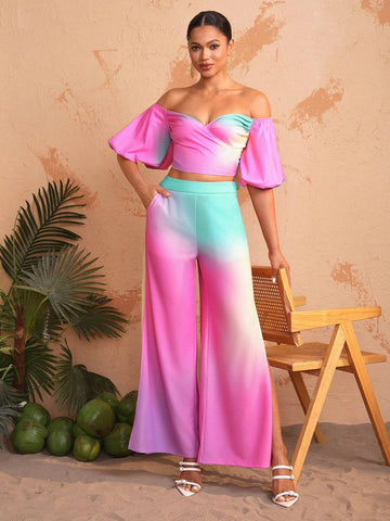 Debra Valencia Fashionable Women Printed Split Wide Leg Pants