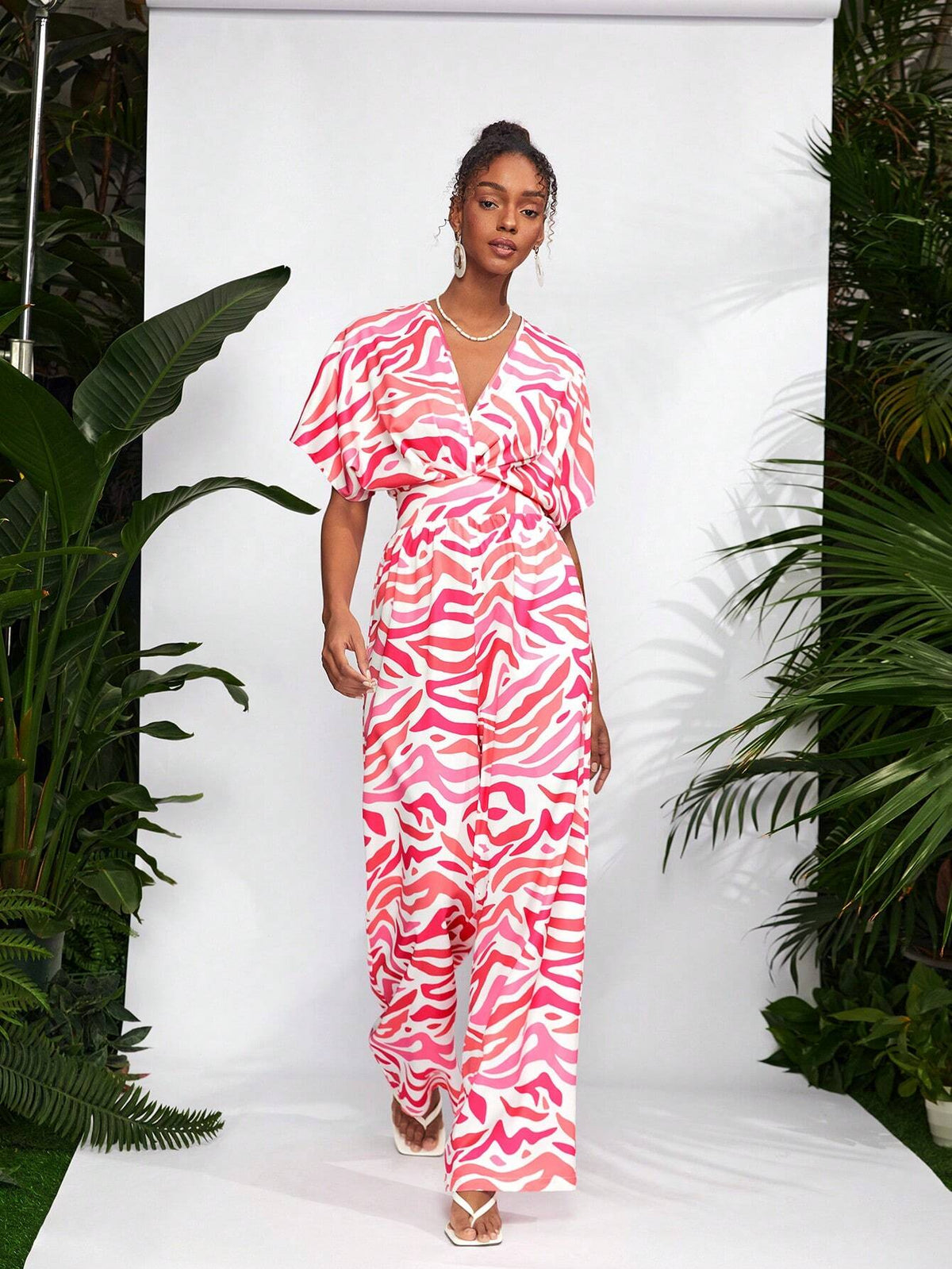 Debra Valencia Pink Zebra Batwing Sleeve Belted Jumpsuit