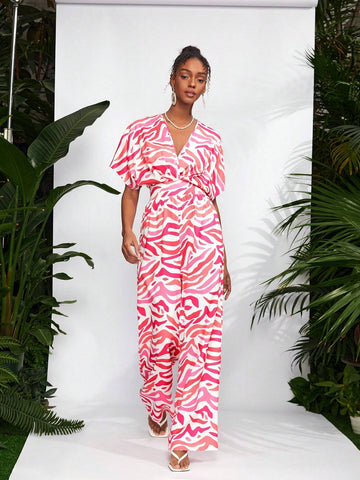 Debra Valencia Pink Zebra Batwing Sleeve Belted Jumpsuit