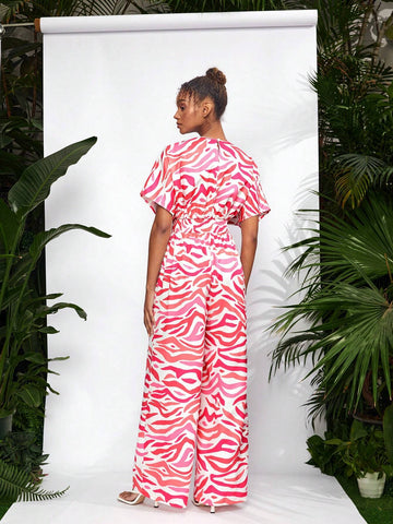 Debra Valencia Pink Zebra Batwing Sleeve Belted Jumpsuit