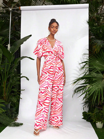 Debra Valencia Pink Zebra Batwing Sleeve Belted Jumpsuit