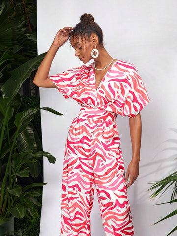 Debra Valencia Pink Zebra Batwing Sleeve Belted Jumpsuit