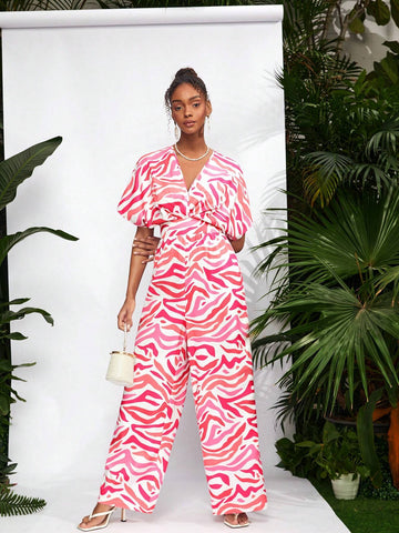 Debra Valencia Pink Zebra Batwing Sleeve Belted Jumpsuit