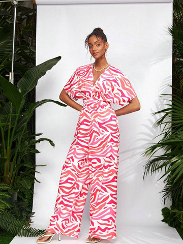 Debra Valencia Pink Zebra Batwing Sleeve Belted Jumpsuit