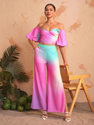 Debra Valencia Positioning Print Off-Shoulder Puff Sleeve Fashion Top