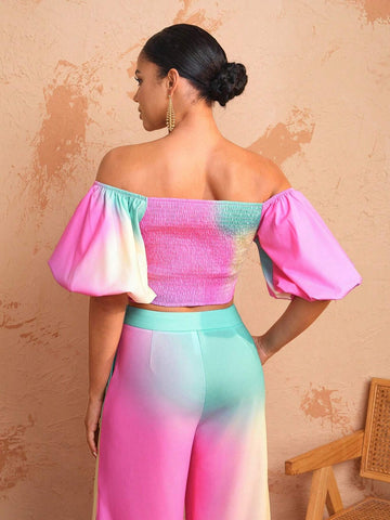 Debra Valencia Positioning Print Off-Shoulder Puff Sleeve Fashion Top