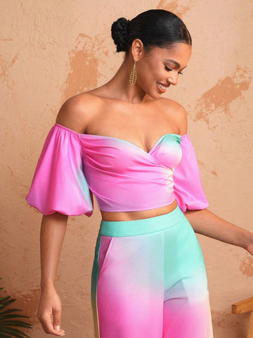 Debra Valencia Positioning Print Off-Shoulder Puff Sleeve Fashion Top