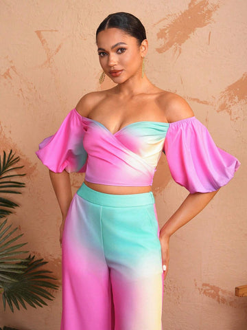 Debra Valencia Positioning Print Off-Shoulder Puff Sleeve Fashion Top