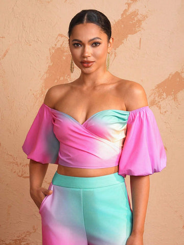 Debra Valencia Positioning Print Off-Shoulder Puff Sleeve Fashion Top