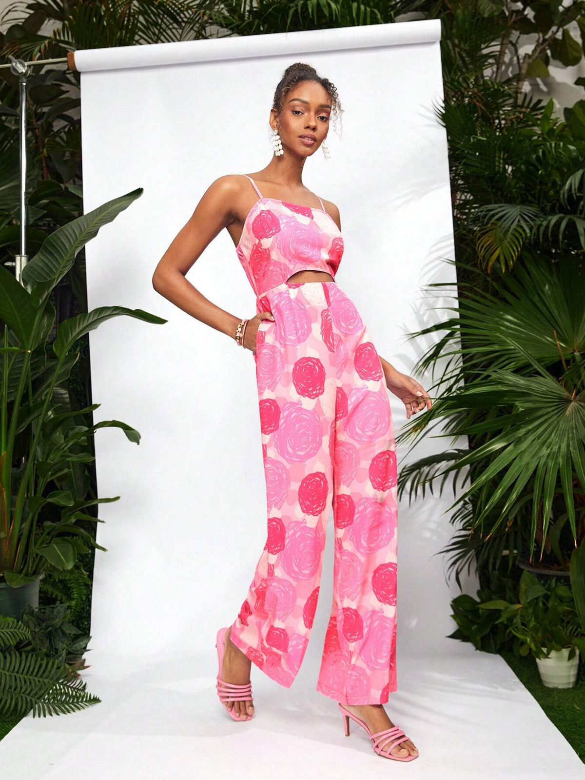 Debra Valencia Rosa Floral Cut Out Wide Leg Cami Jumpsuit