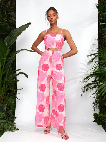 Debra Valencia Rosa Floral Cut Out Wide Leg Cami Jumpsuit