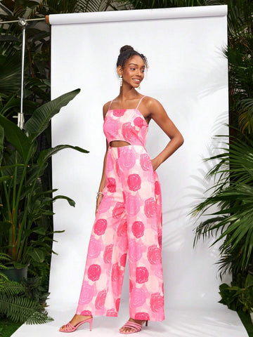 Debra Valencia Rosa Floral Cut Out Wide Leg Cami Jumpsuit