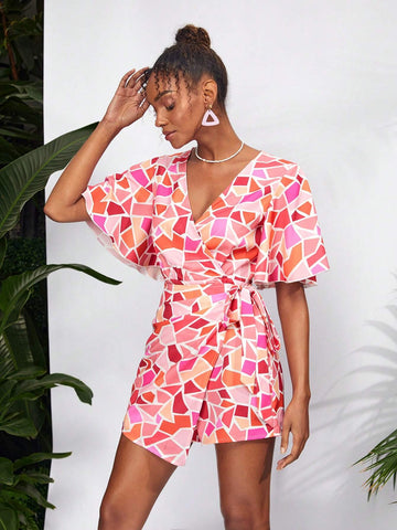 Debra Valencia Women's V Neck Geometric Printed Short Sleeve Romper With Ruffle Overlay