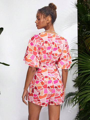 Debra Valencia Women's V Neck Geometric Printed Short Sleeve Romper With Ruffle Overlay