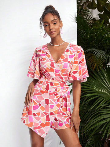 Debra Valencia Women's V Neck Geometric Printed Short Sleeve Romper With Ruffle Overlay