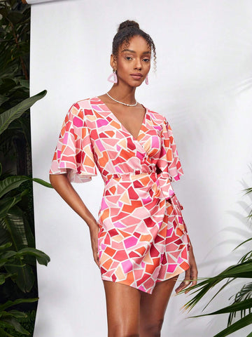 Debra Valencia Women's V Neck Geometric Printed Short Sleeve Romper With Ruffle Overlay