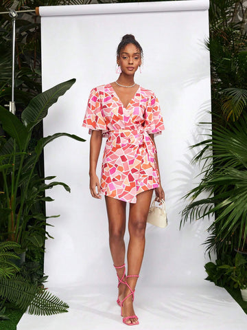 Debra Valencia Women's V Neck Geometric Printed Short Sleeve Romper With Ruffle Overlay