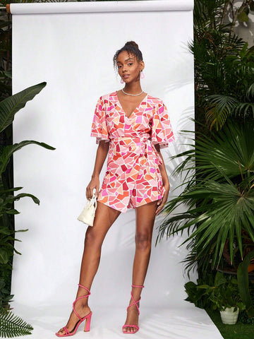 Debra Valencia Women's V Neck Geometric Printed Short Sleeve Romper With Ruffle Overlay