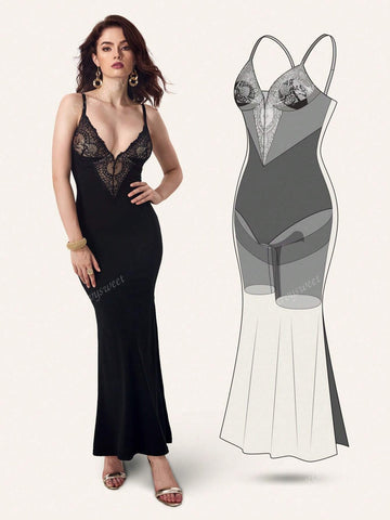 Deep-V Sleeveless Lace Split Mermaid Shapewear Dress For Formal Cocktails, Surround Pressurization Body Shaping