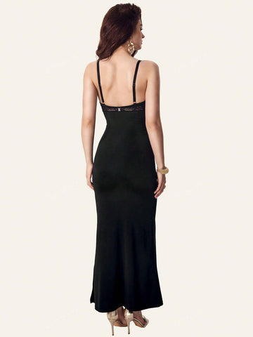 Deep-V Sleeveless Lace Split Mermaid Shapewear Dress For Formal Cocktails, Surround Pressurization Body Shaping