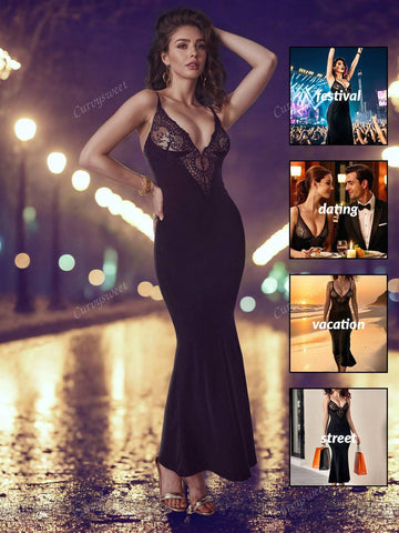 Deep-V Sleeveless Lace Split Mermaid Shapewear Dress For Formal Cocktails, Surround Pressurization Body Shaping