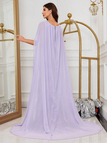 Deep V-Neck Cape Style Sparkly Sequined Party Evening Maxi Dress With Fish Tail Hem