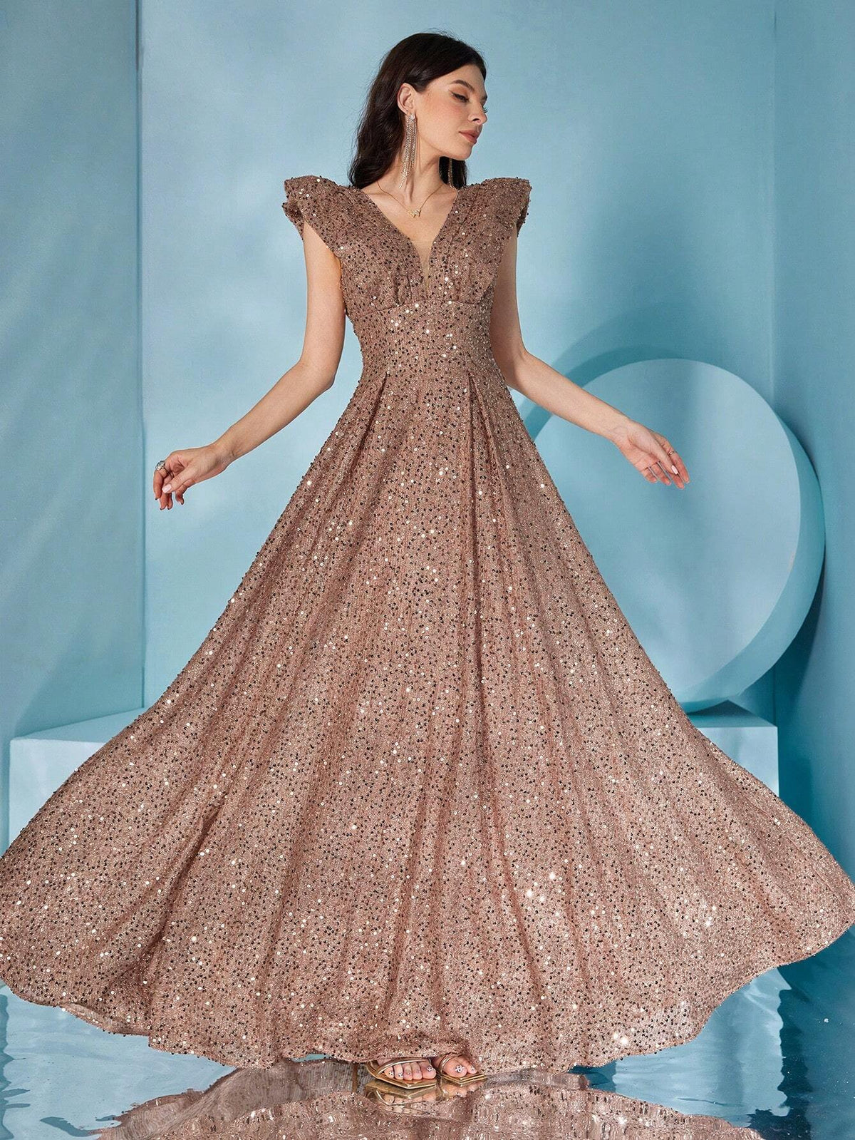 Deep V-Neck Lace Sleeve Sparkly Sequin Flared Party Prom Dress