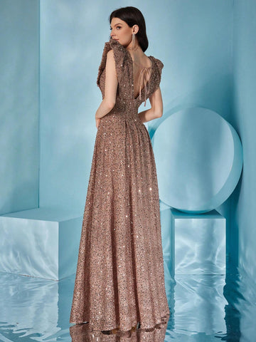 Deep V-Neck Lace Sleeve Sparkly Sequin Flared Party Prom Dress