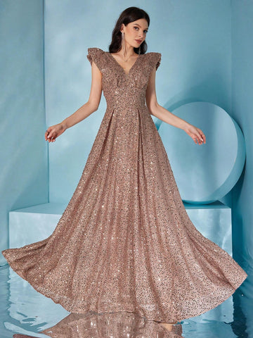 Deep V-Neck Lace Sleeve Sparkly Sequin Flared Party Prom Dress
