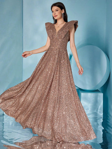 Deep V-Neck Lace Sleeve Sparkly Sequin Flared Party Prom Dress
